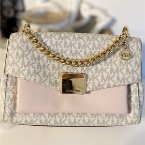 Michael Kors Cream and Pink Shoulder Bag with Gold Chain